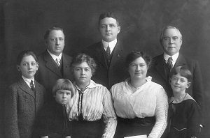 Coopey and Kaupisch family portrait with (back row, from left): Julius Coopey, Martin Kaupisch, Grandfather Kaupisch; (front row): Charles Coopey, Martin Coopey, Grandmother Kaupisch, Marguretha “Midge” Coopey, and Raymond W.